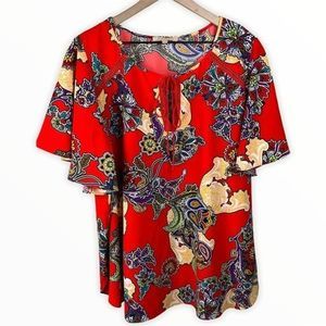 Gibson Latimer Womens Red Paisley Print Short Flutter Sleeve Blouse Plus Size 1X